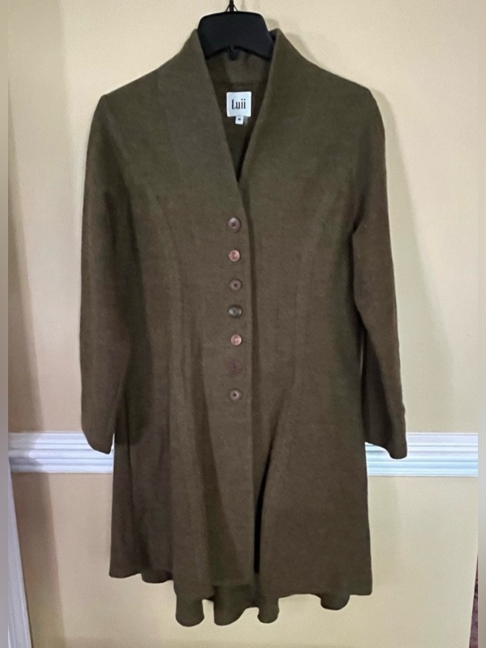 Luii Anthropologie Olive Green Tailored Button-Front Wool Coat, medium